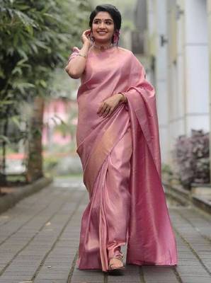 Pink art silk woven saree with zari work 1