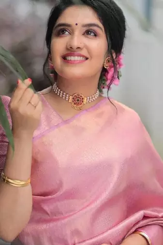 Pink art silk woven saree with zari work