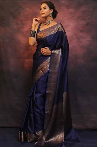 Royal blue art silk woven saree with zari work