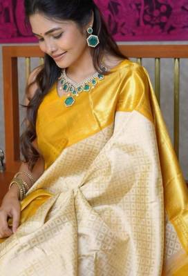 Light yellow art silk woven saree with zari work 2