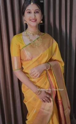 Yellow art silk woven saree with zari work 2