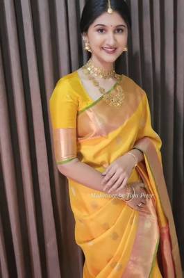 Yellow art silk woven saree with zari work 4