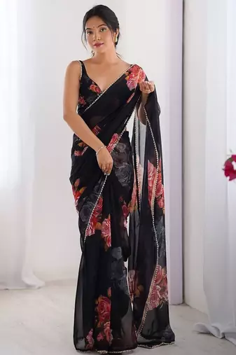 Black silk blend printed saree with floral print