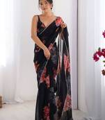 Black silk blend printed saree with floral print