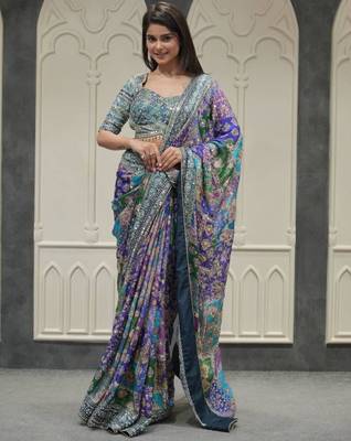 Multicolor silk blend embroidered saree with thread work 1