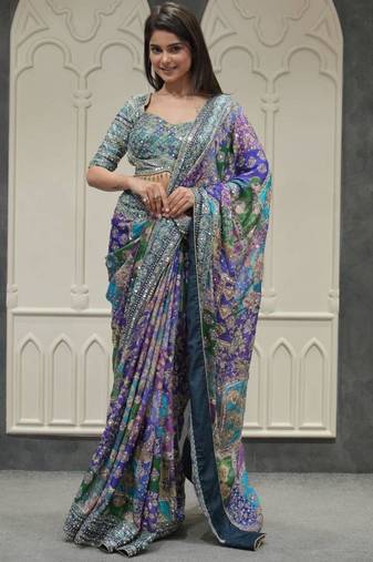 Multicolor silk blend embroidered saree with thread work
