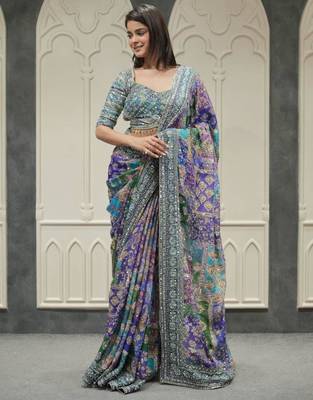 Multicolor silk blend embroidered saree with thread work 4