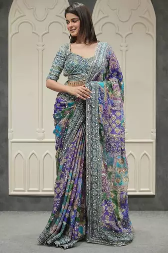 Multicolor silk blend embroidered saree with thread work