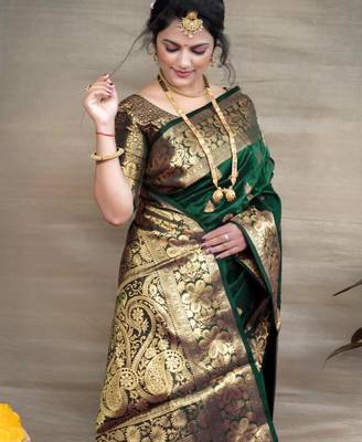 Green art silk woven saree with zari work 1