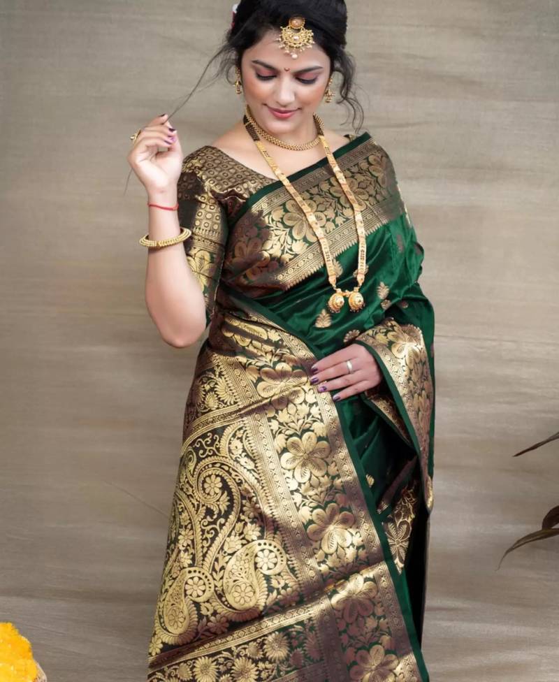 Green art silk woven saree with zari work