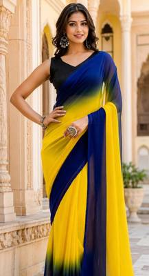 pre stitched Yellow georgette woven saree with zari work 3