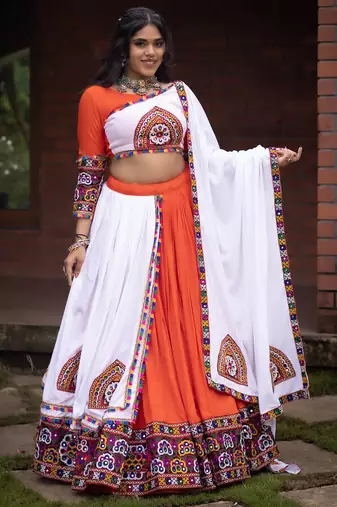 orange heavy ghamthi work readymade chaniya choli with dupatta - full stitched free size
