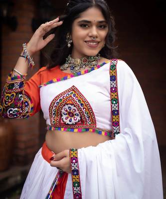 orange heavy ghamthi work readymade chaniya choli with dupatta - full stitched free size 4