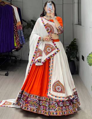 orange heavy ghamthi work readymade chaniya choli with dupatta - full stitched free size 2