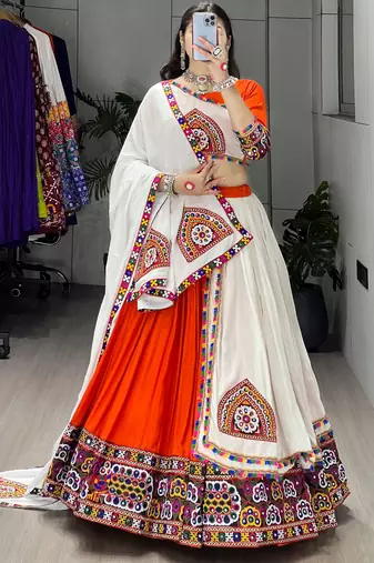 orange heavy ghamthi work readymade chaniya choli with dupatta - full stitched free size