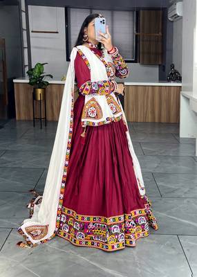 maroon heavy ghamthi work readymade chaniya choli with dupatta - full stitched free size 2