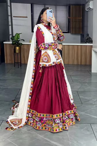 maroon heavy ghamthi work readymade chaniya choli with dupatta - full stitched free size
