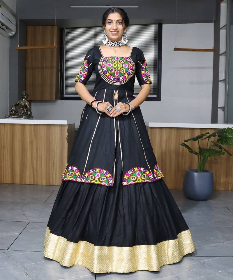 black free size rayon cotton navratri lehenga choli with gota patti & gamthi work - full stitched free size