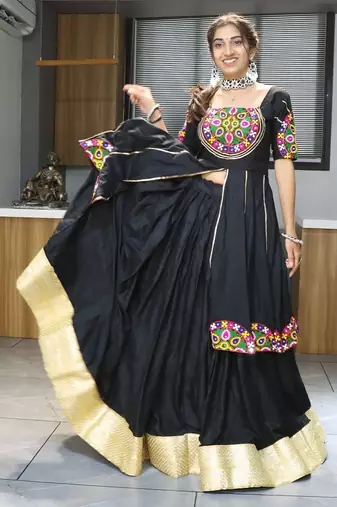 black free size rayon cotton navratri lehenga choli with gota patti & gamthi work - full stitched free size