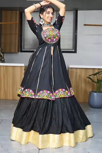 black free size rayon cotton navratri lehenga choli with gota patti & gamthi work - full stitched free size