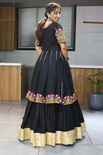 black free size rayon cotton navratri lehenga choli with gota patti & gamthi work - full stitched free size