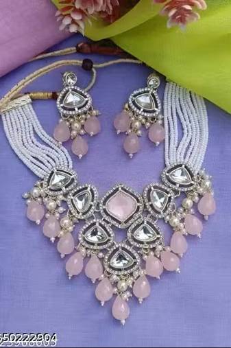 PINK COLOR gold plated kundan choker bridal necklace earrings jewelry set