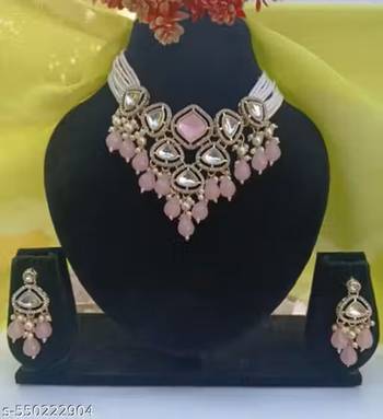 PINK COLOR gold plated kundan choker bridal necklace earrings jewelry set 2