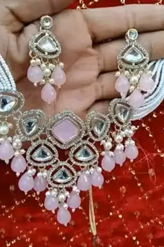 PINK COLOR gold plated kundan choker bridal necklace earrings jewelry set