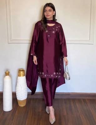 Wine american silk blend palazzo suit set with tibby silk dupatta 1