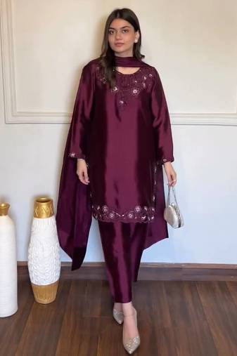 Wine american silk blend palazzo suit set with tibby silk dupatta