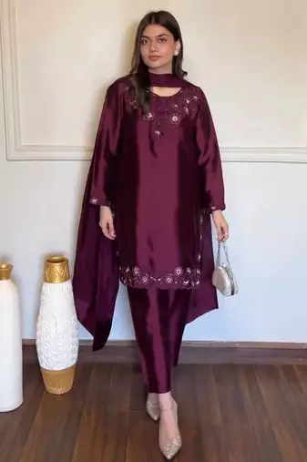 Wine american silk blend palazzo suit set with tibby silk dupatta