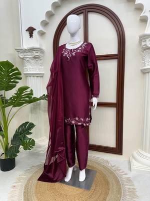 Wine american silk blend palazzo suit set with tibby silk dupatta 2