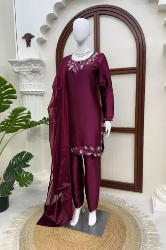 Wine american silk blend palazzo suit set with tibby silk dupatta