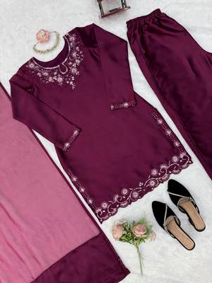 Wine american silk blend palazzo suit set with tibby silk dupatta 4