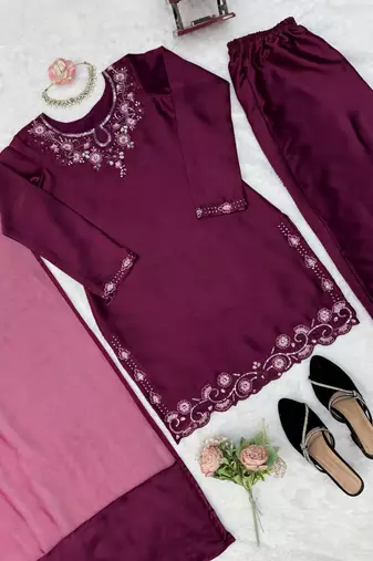 Wine american silk blend palazzo suit set with tibby silk dupatta