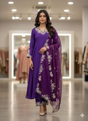 Purple roman silkblend embroidered kurta pant set with organza dupatta 1