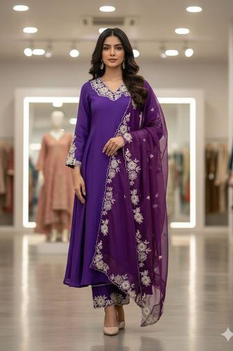 Purple roman silkblend embroidered kurta pant set with organza dupatta