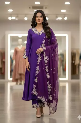 Purple roman silkblend embroidered kurta pant set with organza dupatta