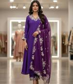 Purple roman silkblend embroidered kurta pant set with organza dupatta