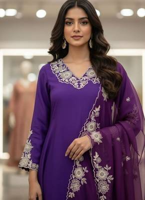 Purple roman silkblend embroidered kurta pant set with organza dupatta 2