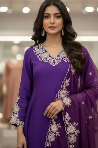 Purple roman silkblend embroidered kurta pant set with organza dupatta