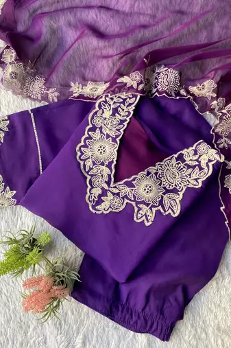 Purple roman silkblend embroidered kurta pant set with organza dupatta