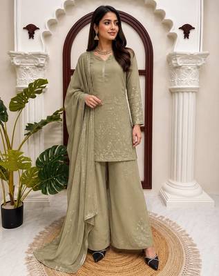 Sage green faux georgette palazzo suit set with thread & sequin embroidery 1