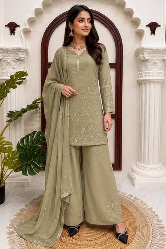 Sage green faux georgette palazzo suit set with thread & sequin embroidery