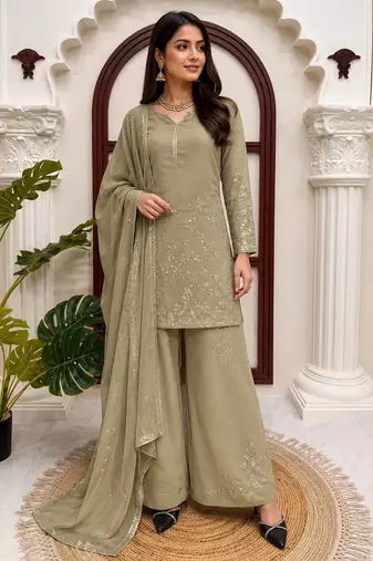 Sage green faux georgette palazzo suit set with thread & sequin embroidery