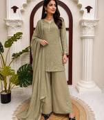 Sage green faux georgette palazzo suit set with thread & sequin embroidery
