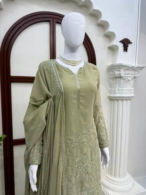 Sage green faux georgette palazzo suit set with thread & sequin embroidery 2