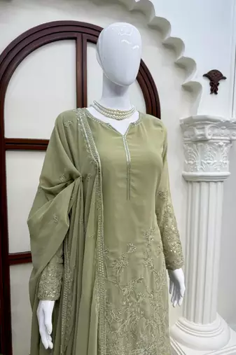 Sage green faux georgette palazzo suit set with thread & sequin embroidery