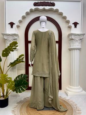 Sage green faux georgette palazzo suit set with thread & sequin embroidery 3