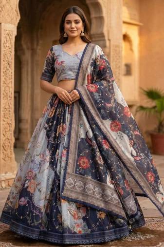 grey silk blend printed fashion lehenga-choli